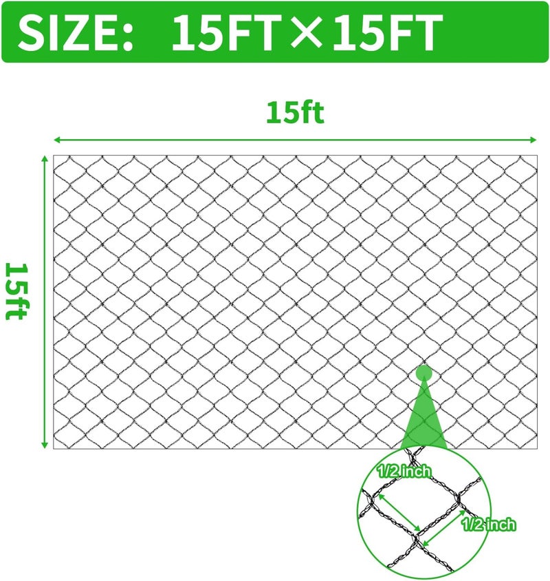 Vocray Woven Bird Netting 15X15 FT, 1/2" Mesh, Strong Bird Net Protect Fruit Trees, Blueberry, Vegetables, Strawberry Plants, Garden Netting Pest Barrier, Against Deer, Squirres, Small Critters - Image 2